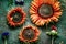 Autumn flowers arrangements made of red sunflowers on rustic vintage background , top view, place for text