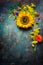 Autumn flowers bunch with sunflowers on dark vintage background, top view