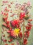 Autumn flowers and leaves flat lay composing, top view. Fall floral still life with chrysanthemums