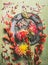 Autumn flowers and leaves flat lay composing, top view. Fall floral still life with plate