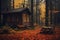 Autumn foggy woods with a cabin and beautiful Fall foliage colors. Autumn seasonal concept.