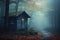 Autumn foggy woods with a cabin and beautiful Fall foliage colors. Autumn seasonal concept.