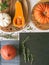 Autumn food Composition of pumpkins of various colors and shapes on various boards and textile and a slate board for text