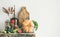 Autumn food ingredients and utensils over wooden cupboard chest