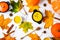 Autumn food. Pumpkin puree soup, leaves. Top view. Autumn harvest, pumpkins, leaves on grey as abstract background. Thanksgiving