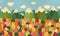 Autumn fores and town landscape vector background in flat cartoons style. Horizontal repeated background