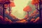 Autumn forest 2D old pc pixel style gaming level design background. Simple and cute landscape for your design. Generative Ai.
