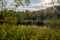 Autumn forest along the river and lake. The setting sun illuminates the treetops. Steep steep sandy bank above a wide river.