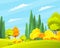 Autumn forest beautiful landscape with orange, yellow, green trees, bushes, grass, autumn forest or wood, view