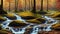 An autumn forest with colorful trees and water streams that form small waterfalls. AI generation