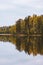 Autumn forest and lake reflection house in woods landscape in Finland