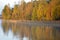 Autumn forest on the lake at sunrise.