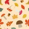 Autumn forest leaves, berries, acorns and mushrooms on peach beige seamless Pattern Design