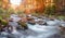 Autumn forest, mountain stream. Beautiful , rocks covered with moss. river rapids and waterfalls. Carpathian.