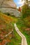 Autumn forest in the mountains and stairs in rock