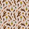 Autumn forest seamless pattern. Black line hand drawn scandinavian style branch, acorn and mushrooms. Scandi design, kids nursery