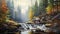 Autumn Forest: A Serene Painting Of Flowing Water In Highly Realistic Style