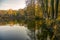 The autumn forest surrounds a beautiful forest lake on the surface of which the blue sky is reflected