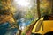 Autumn forest. yellow tent, travel in the autumn forest