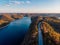 Autumn forests bridge and river overlook by drone DJI mavic mini