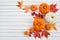 Autumn framework from pumpkins, berries and leaves on a white wooden background. Concept of Thanksgiving day or