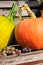 Autumn fruit, grapes and pumpkins close up