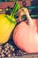 Autumn fruit, grapes and pumpkins close up