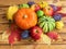 Autumn fruits and vegetables. Thanksgiving background concept.