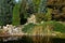 Autumn garden with artificial pond and dried out stone waterfall reflecting on water surface.