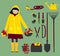 Autumn girl with gardening instruments. Vector