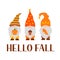 Autumn gnomes. Hello fall lettering. Cute cartoon characters. Vector template for banner, poster, greeting card, t-shirt