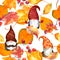 Autumn gnomes with leaves, red berries. Seamless autumn pattern with scandinavian dwarfs. Watercolor repeating