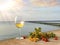 Autumn  grape wine sunset at sea glass of wine with sunshine flare and Autumn leaves yellow with rose hip red berry still life on