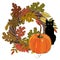 Autumn Halloween design. Autumn wreath of leaves and branches of oak and rowan, rowan berries, pumpkin and black cat