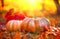 Autumn Halloween pumpkins. Orange pumpkins over nature background