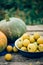 Autumn harvest. Apples, pears and pumpkins on a wooden table