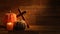 Autumn harvest candles and Pumkins with cross on retro wood background video