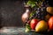 Autumn harvest concept. Fall fruits and vegetables on dark rustic kitchen table