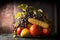 Autumn harvest concept. Plate with fall fruits and vegetables on dark rustic kitchen table at wooden background