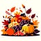 Autumn harvest. Fall leaves, pumpkins, grapes, oranges, apples, berries. Vector illustration Generative AI