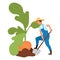 Autumn harvest flat vector illustration. Farmer harvesting big turnip with shovel cartoon character. Cultivation and growing root