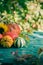 Autumn harvest garden pumpkin fruits colorful flowers plants