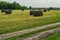 Autumn harvest. Harvesting forage for livestock. Road about haystacks in the field against the forest.