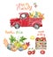 Autumn harvest illustration. Red vintage pick up truck, pumpkins, apples, isolated on white background. Fall farm