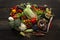 Autumn harvest of organic vegetables on a wooden table, top view. Local seasonal products