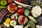 Autumn harvest of organic vegetables on a wooden table, top view. Local seasonal products