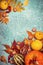 Autumn harvest pumpkin Thanksgiving frame on a Blue background