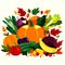 Autumn harvest, pumpkins, squash, apples, berries, leaves and other vegetables. Vector illustration. AI generated