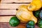 Autumn harvest, pumpkins, watermelons on a wooden rural table