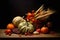 Autumn harvest with pumpkins on a wooden table. Thanksgiving. Vegetables, fruits and flowers